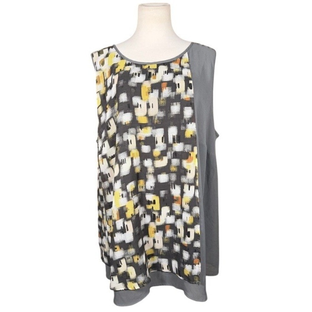 Ulla Popken Womens Plus Size 24/26 Abstract‎ Print Layered Tunic Top Grey Yellow